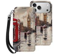 EMPYRI Red Phone Booth London Street Étui portefeuille en cuir imprimé pour iPhone 17 Pro Max - Étui à rabat magnétique avec emplacements pour cartes et dragonne