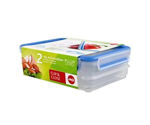 Emsa 513576, 2 Boîtes alimentaires empilables par clip, 0,60 L, 100% hermétique, Transparent/bleu, Clip & Close