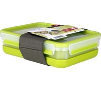 Emsa Boîte à Repas, 3 Compartiments Pratiques, Couvercle, Assiette Séparée et Bande Élastique, Volume : 1,2 Litres, Transparent/Vert, Clip & Go, 518098
