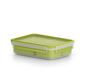 Emsa Boîte à Repas et En-cas avec 3 Inserts Pratiques et Couvercle, Volume : 1,2 Litres, Transparent/Vert, Clip & Go, 518100
