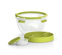 Emsa Boîte à Salade avec 2 Compartiments Pratiques et Couvercle, Boîte à Salade, Volume : 1 Litre, Transparent/Vert, Clip & Go, 518097
