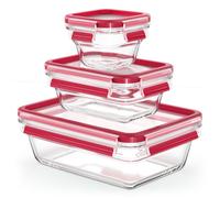EMSA Clip & Close GLAS Frischhaltedosen, 3-tlg., Frischhaltedose, Vorratsbehälter, Vorratsdose, Transparent / Rot, 0.18 L / 0.45 L / 1.3 L, N10508