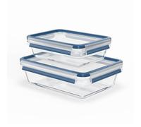 EMSA Clip & Close Glass, Set 2 Boîtes Alimentaires, Bord Empilable, Four 420 °C*, Étanche, Congélation -40 °C, Lave-Vaisselle, Hygiénique, 1,00 L/2,00 L, N1052350