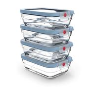 Emsa OneClick Glass Food Storage Container, Système OneClick, Four Jusqu’à 420°C, 100% Étanche, German Lid Technology, Bleu, Set 4 x 1,00 L, N1240850