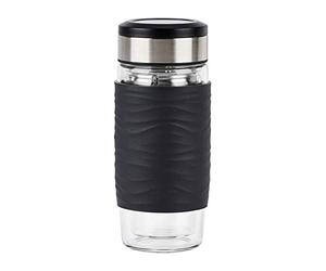EMSA Tea Mug verre Noir 0,4 L, Verre double paroi haute qualité, Manchon silicone, Infusion parfaite du thé, Filtre 2-en-1, 100 % étanche, 100 % sûr N2080300