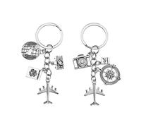 EMSea 2pcs Porte-clés Forme Avion Passeport Caméra Terre Boussole Pendentif à Breloque Ornement Porte-clés en Métal Décoration pour Guide Touristique Passionnés de Voyage