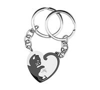 EMSea Paire de porte-clés en forme de cœur en acier inoxydable avec pendentif en forme de chat noir pour anniversaire de mariage Saint-Valentin