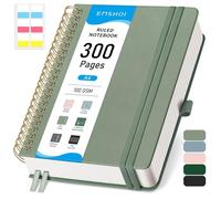 EMSHOI Carnet A4 ligné à spirales, 150 feuilles/300 pages, 100 g/m², couverture rigide, notes autocollantes, poche, boucle pour stylo, règle, marque-page, journal ligné pour homme et femme, 21 x 28,5