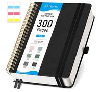 EMSHOI Carnet A4 ligné à spirales, 150 feuilles/300 pages, 100 g/m², couverture rigide, notes autocollantes, poche, boucle pour stylo, règle, marque-page, journal ligné pour homme et femme, 21 x 28,5