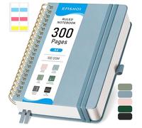 EMSHOI Carnet A4 ligné à spirales, 150 feuilles/300 pages, 100 g/m², couverture rigide, notes autocollantes, poche, boucle pour stylo, règle, marque-page, journal ligné pour homme et femme, 21 x 28,5