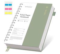 EMSHOI Carnet A5 ligné à spirales, 150 feuilles/300 pages, 100 g/m², couverture en PVC, notes autocollantes, poche, boucle pour stylo, règle, marque-page, journal ligné pour écrire, 14,5 x 21 cm, vert