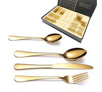 Emsmil 24 pièces Couverts de Table Dorés Inox Servant pour 6 Personnes Moderne en Acier Inoxydable Or Ensemble de Couvert Réutilisables Poli Miroir Design