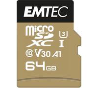 EMTEC - Carte microSD UHS-I U3 V30 A1 - 64 GB, 64 Go - ECMSDM64GXC10SP - Gamme Speedin - Avec adaptateur - Vitesse de lecture jusqu'à 100 MB/s, 100 Mo/s - Noir/Or