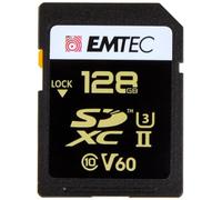 EMTEC - Carte SDXC UHS-II U3 V60 SpeedIN Pro+ ECMSD128GUHS2V60 - Carte Mémoire - Photos en Rafale, Vidéos Full HD, 3D, 4K, 8K UHD - Capacité de Stockage 128Go, 128GB - 2 Rangées PIN au Dos - Noir/Doré