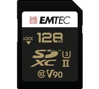 EMTEC - Carte SDXC UHS-II U3 V90 SpeedIN Pro+ ECMSD128GUHS2V90 - Carte Mémoire - Photos en Rafale, Vidéos Full HD, 3D, 4K, 8K UHD - Capacité de Stockage 128Go, 128GB - 2 Rangées PIN au Dos - Noir/Doré
