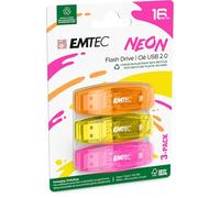 EMTEC Clé USB 2.0 C410 , Mémoire Flash Drive De 16Go, Lecture 5Mb/S, Écriture 15Mb/S, Compatible USB 2.0, USB 3.0, Transparentes Néon Fluo Avec Capuchon , Pack De 3