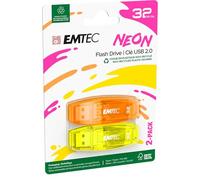 EMTEC Clé USB 2.0 C410 , Mémoire Flash Drive De 32 Go, Lecture 5Mb/S, Écriture 15Mb/S, Compatible USB 2.0, USB 3.0, Transparentes Néon Fluo Avec Capuchon , Pack De 2