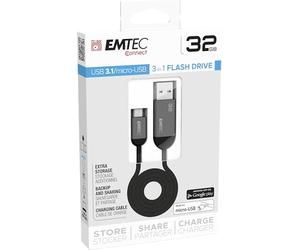 Emtec ECMMD32GT753B - Clé USB - 3.1 - Série Dual - Collection GEN.1 T750 B - 32 Go - 2 en 1: OTG Dual USB-A / Micro-usb pour Smartphone et Tablette avec fonction de charge cable de 70cm
