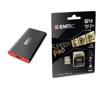 Emtec - Pack création : Disque SSD Externe USB 3.2 X210 256Go + Carte microSD UHS-I U3 V30 SpeedIN Pro 64 Go - Pack De 2