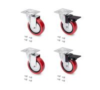 Emuca - Kit roulettes rouges avec plétine de montage, Roues rouges Ø75mm, 2 avec frein et 2 sans frein, Acier et Plastique