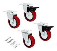 Emuca - Kit roulettes rouges avec plétine de montage, Roues rouges Ø50mm, 2 avec frein et 2 sans frein, Acier et Plastique