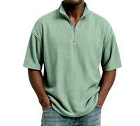 EMUKFD Polo décontracté à manches courtes pour homme avec col montant et fermeture éclair 1/4 - T-shirt de golf tendance texturé et ample, vert clair, XXL