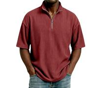 EMUKFD Polo décontracté à manches courtes pour homme avec col montant et fermeture éclair 1/4 - T-shirt de golf tendance texturé et ample, Rouge, M