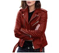 EMUKFD Vestes en cuir synthétique pour femme, grande taille, manteau court léger en similicuir végétalien, tendance, ajusté, avec poches à fermeture éclair, Chaquetas de piel para mujer, bordeaux, 3XL