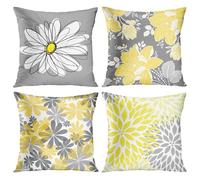 Emvency Lot de 4 Taie d'oreiller Gris et Jaune Moderne Daisy avec de Jolies Fleurs Blanches à la Main décoratifs Taies d'oreiller Home Decor carré Taie d'oreiller 18 x 18 inches Rose