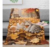 EMYXPAQM Couverture en Flanelle Motif Chats Plaid Canapé Deux Chats Feuilles Automne Douce Et Confortable Flanelle Cadeau Unique pour Garçon Et Enfant 60x80inch(150x200cm)