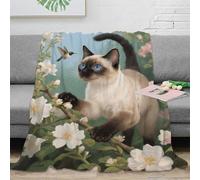 EMYXPAQM Couverture en Flanelle Motif Siamois Couverture De Canapé Siamois Fleurs Blanches Douce Et Chaude Flanelle Idée Original pour Enfants Et Adultes 60x80inch(150x200cm)