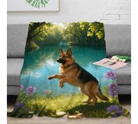 EMYXPAQM Couverture Polaire Flanelle Imprimée Berger Allemand, Couverture De Canapé Bord du Lac Prairie, Confortable Moelleuse Cadeau Unique pour Garçon Et Enfant 50x60inch(127x152cm)