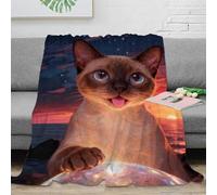 EMYXPAQM Couverture Polaire Flanelle Imprimée Chat Birman Européen, Couverture De Canapé Côte Coucher de Soleil, Ultra Douce Et Chaude Cadeau Unique pour Enfants Et Adultes 70x80inch(180x200cm)