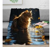 EMYXPAQM Couverture Polaire Flanelle Imprimée Chat Maine Coon, Couverture De Canapé River Fleurs Jaunes, Douce Et Confortable Cadeau Unique pour Enfants, Garçons 50x60inch(127x152cm)