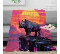 EMYXPAQM Couverture Polaire Flanelle Imprimée Rhinocéros, Couverture De Canapé Fond Néon, Douce Et Confortable Cadeau pour Enfants, Garçons 70x80inch(180x200cm)