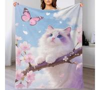 EMYXPAQM Couverture Polaire Flanelle Motif Chat Ragdoll, Couverture De Canapé Fleur de Cerisier Rose, Douce Et Chaude Cadeau Unique pour Garçon Et Enfant 40x50inch(100x130cm)