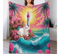 EMYXPAQM Couverture Polaire Flanelle Motif Lapin Angora, Plaid De Canapé Roses et Phare, Confortable Moelleuse Idée Original pour Garçon Et Enfant 80x90inch(200x230cm)