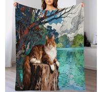 EMYXPAQM Couverture Polaire Flanelle Motif Maine Coon, Plaid De Canapé Lac en Lisière de Bois, Douce Et Chaude Cadeau pour Garçons Et Filles 50x60inch(127x152cm)