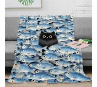 EMYXPAQM Couverture Polaire Motif De Chat Plaid Canapé Imprimé De Chat Noir Banc de Poissons, Ultra Douce, Moelleuse Et Chaude, Cadeau pour Garçons Et Enfants 80x90inch(200x230cm)