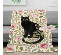 EMYXPAQM Couverture Polaire Motif De Chat Plaid Canapé Imprimé De Chat Noir Fleur de Pivoine, Douce, Moelleuse Et Chaude, Idée Original pour Lit Enfants 50x60inch(127x152cm)