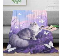 EMYXPAQM Couverture Polaire Sibérien Chat Papillon Blanc Violet Motif - Plaid Canapé Flanelle Microfibre Douce & Chaud, Cadeau pour Bébé - Anniversaire 60x80inch(150x200cm)