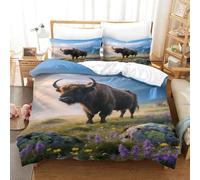EMYXPAQM Housse De Couette Bison d'europe Microfibre Ultra-Douce Parure De Lit Motif Alpine Prairie 3D avec Fermeture Éclair & Taie d'oreiller pour Garçons, Adolescents Single(140x200cm)