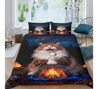 EMYXPAQM Housse De Couette Chat Maine Coon Microfibre 3D Parure De Lit Imprimé Feu de Camp Forêt avec Fermeture Éclair & Taies d'oreiller pour Enfants Garçons Filles Double（200x200cm）