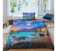 EMYXPAQM Housse De Couette Loup Apprivoisé Microfibre Parure De Lit Imprimée Lac Ours Brun 3D avec Fermeture Éclair & Taies d'oreiller pour Garçons, Adolescents Single（135x200cm）