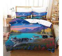 EMYXPAQM Housse De Couette Loup Apprivoisé Microfibre Parure De Lit Imprimée Lac Ours Brun 3D avec Fermeture Éclair & Taies d'oreiller pour Adulte Enfant Single（140x200cm）