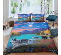 EMYXPAQM Housse De Couette Loup Apprivoisé Microfibre Parure De Lit Motif Lac Ours Brun 3D avec Fermeture Éclair & Taie d'oreiller pour Enfants Garçons Filles Double（200x200cm）