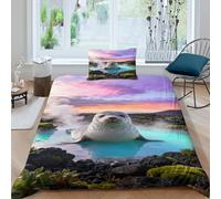 EMYXPAQM Housse De Couette Phoque Microfibre Ultra Doux Parure De Lit 3D Source Chaude avec Fermeture Éclair & Taies d'oreiller pour Adultes Enfants Filles Single（135x200cm）