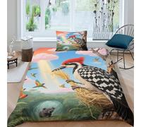 EMYXPAQM Housse De Couette Pic Épeiche Microfibre Ultra-Douce Parure De Lit Motif Oiseaux Font Leur Nid 3D avec Fermeture Éclair & Taie d'oreiller pour Garçons, Adolescents Single(135x200cm)
