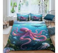 EMYXPAQM Housse De Couette Pieuvre Rouge Microfibre Ultra-Douce Parure De Lit Motif Baleine et Algues 3D avec Fermeture Éclair & Taies d'oreiller pour Enfants Garçons Filles King(220x240cm)