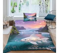 EMYXPAQM Housse De Couette Poisson Rouge Blanc Microfibre Ultra-Douce Parure De Lit Motif Glacier 3D avec Fermeture Éclair & Taie d'oreiller pour Adultes Enfants Filles Single(135x200cm)